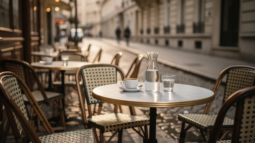 Terrasse d'un café parisien avec chaises en rotin et tables rondes en marbre