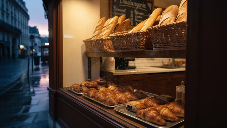 Vitrine d'une boulangerie parisienne à l'aube, baguettes dorées en panier d'osier et croissants alignés sur les plateaux