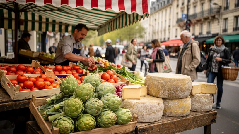 Marché de rue à Paris, étals en bois chargés de tomates, artichauts et meules de fromage sous des stores rayés