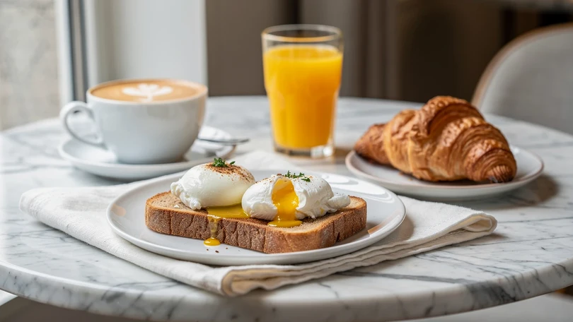 Brunch parisien sur table en marbre : œufs pochés sur pain au levain, croissant, jus d'orange pressé et flat white