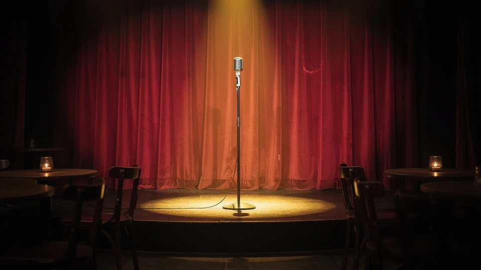 Scene de comedy club, micro vintage sous un projecteur