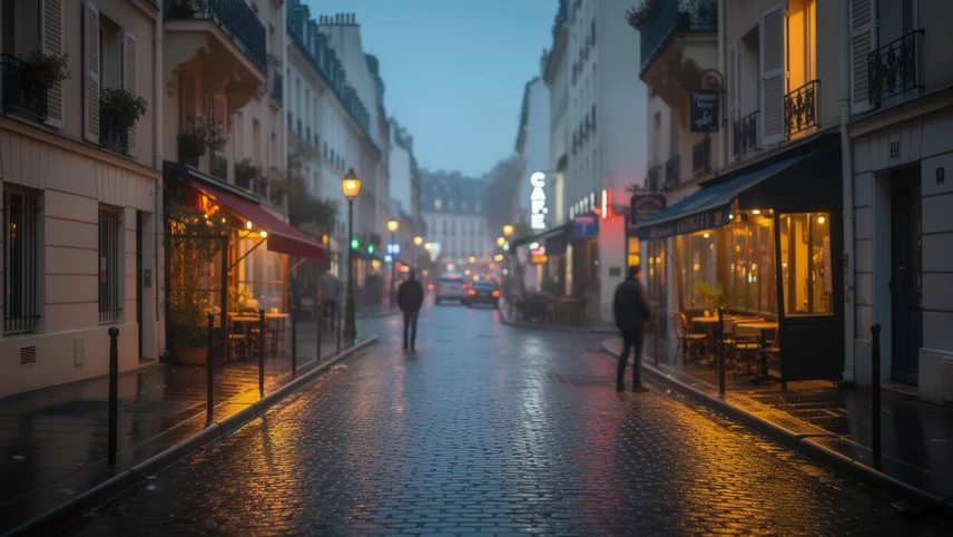 Petite rue parisienne au crépuscule, stores de restaurants éclairés se reflétant sur les pavés humides