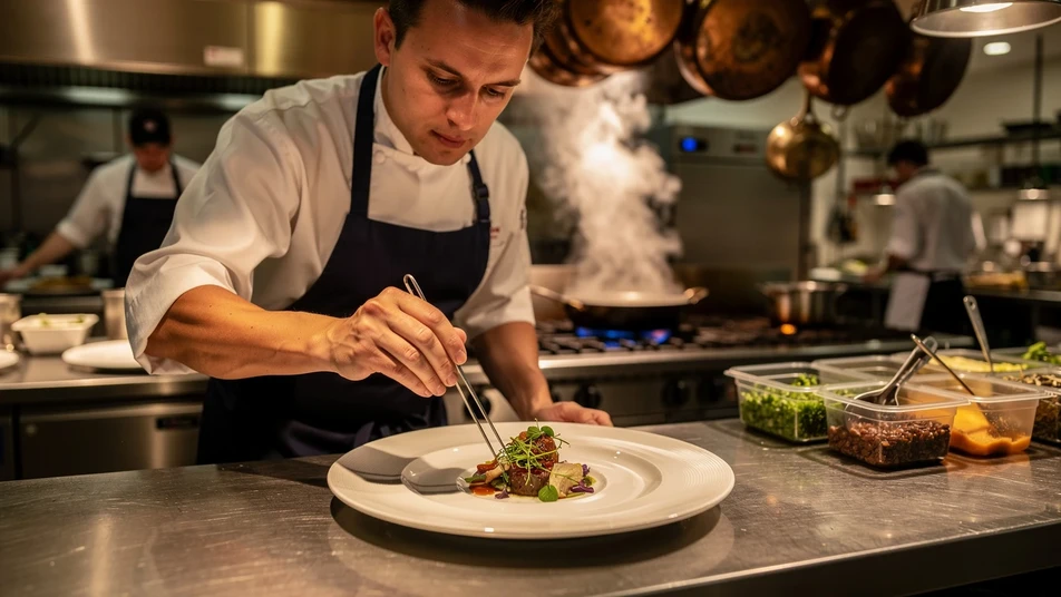 Chef dressant une assiette à la pince dans une cuisine de restaurant, vapeur, inox et casseroles en cuivre suspendues