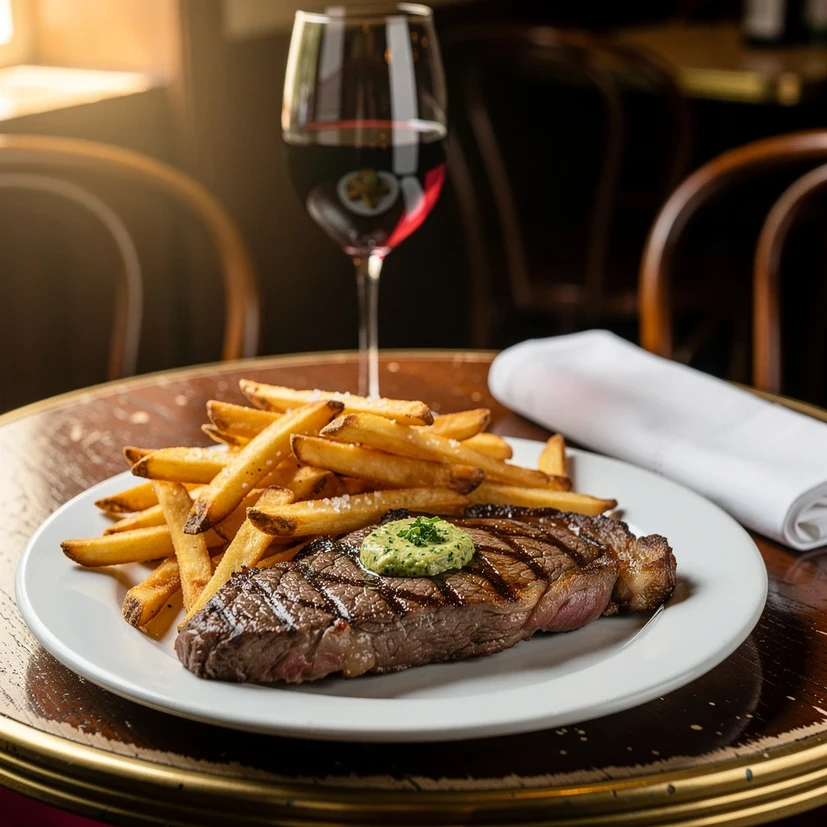Assiette de steak frites sur une table de bistrot, beurre aux herbes fondant sur la viande et verre de vin rouge