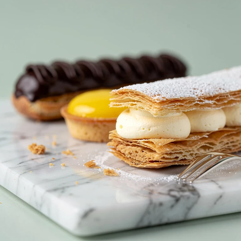 Éclair au chocolat, tarte au citron et mille-feuille posés sur un plan de travail en marbre, lumière douce
