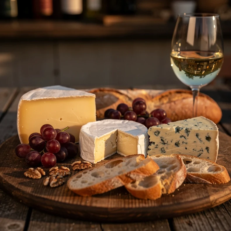 Planche en bois avec brie, comté et bleu, raisin, noix et tranches de baguette, accompagnée d'un verre de vin blanc