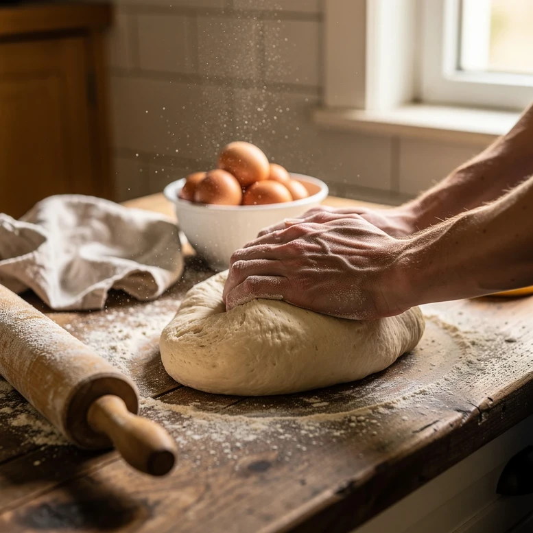 Mains petrissant une pate sur un plan de travail farine