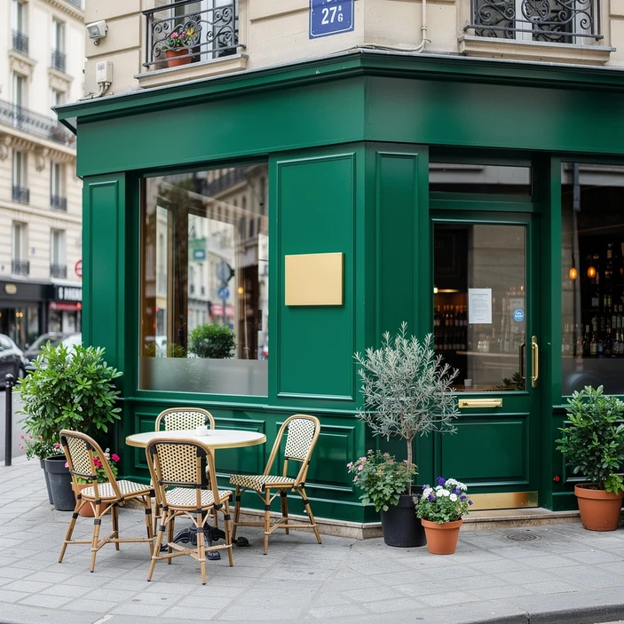 Façade d'un bar d'angle parisien en bois peint vert, plantes en pot et tables extérieures avec chaises en rotin