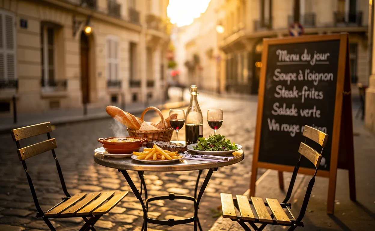 Un coin de rue parisien avec une table de bistrot garnie de plats français et un menu manuscrit sous une lumière dorée.