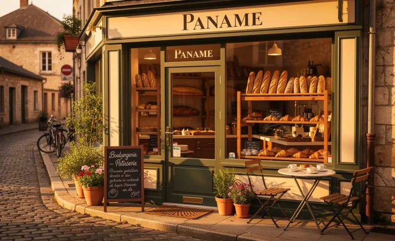 Façade photoréaliste de la boulangerie Paname sur une rue ensoleillée d’une petite ville, baignée d’une lumière dorée.