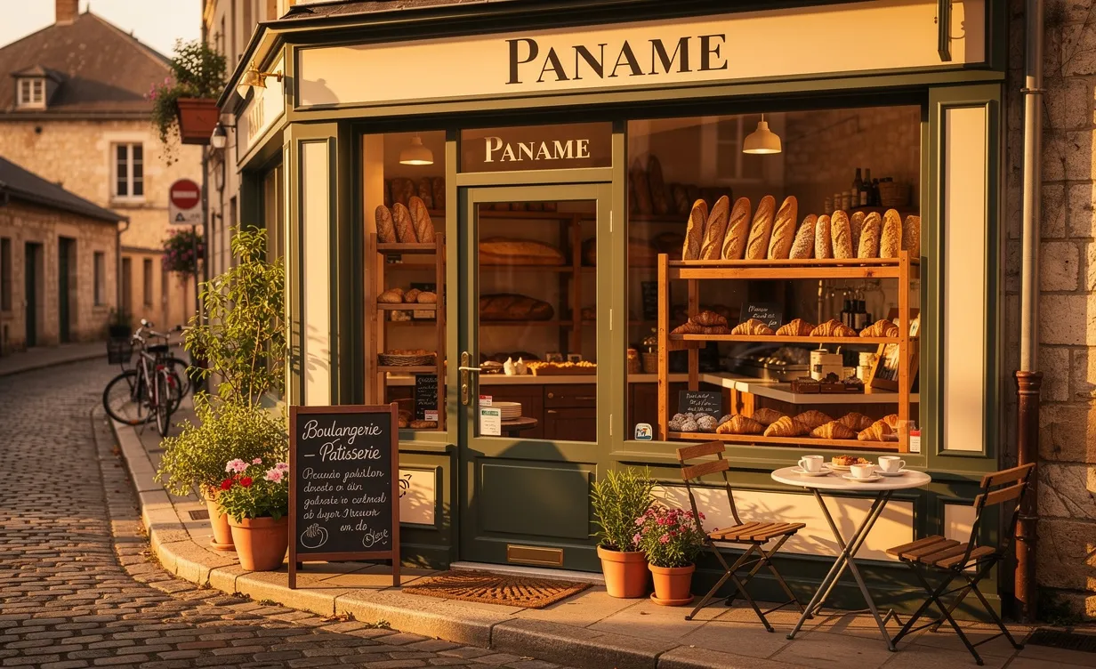 Façade photoréaliste de la boulangerie Paname sur une rue ensoleillée d’une petite ville, baignée d’une lumière dorée.