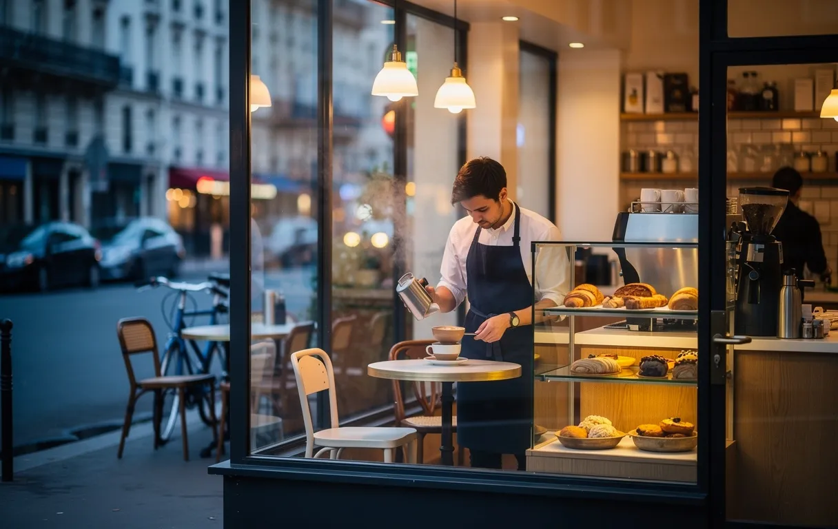 Un café parisien sur la rue Oberkampf, aux grandes fenêtres illuminées, montre un barista réalisant un latte derrière le comptoir et un intérieur moderne et accueillant.