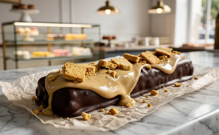 Tablette de chocolat garnie de morceaux de biscuit doré et d’un filet de tahini, posée sur un parchemin dans une boulangerie parisienne.