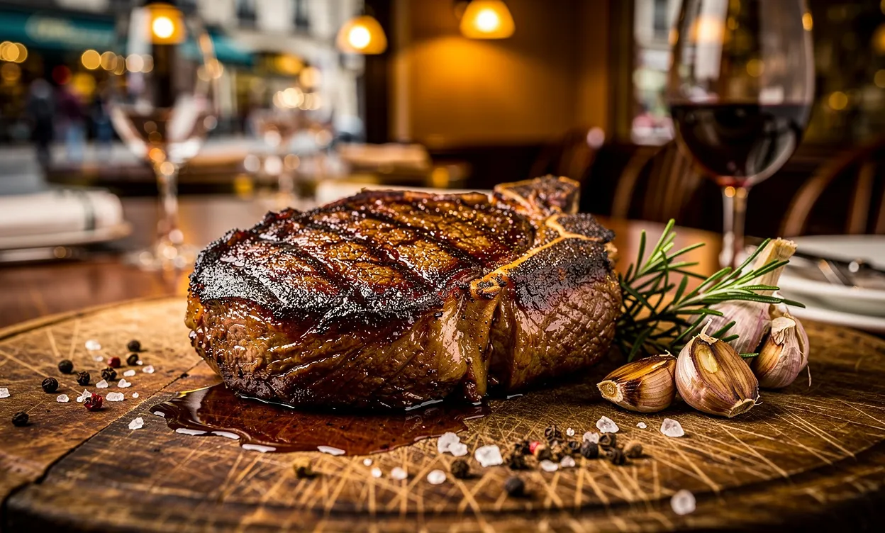 Côte de bœuf grillée posée sur une planche en bois dans un bistrot parisien avec une lumière dorée et une vue sur la rue animée.