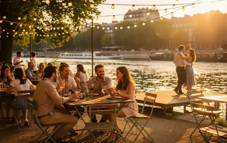 Guinguette animée au bord de la Seine à Bercy au coucher du soleil, avec des guirlandes lumineuses, des tables occupées et des danseurs près de l’eau.