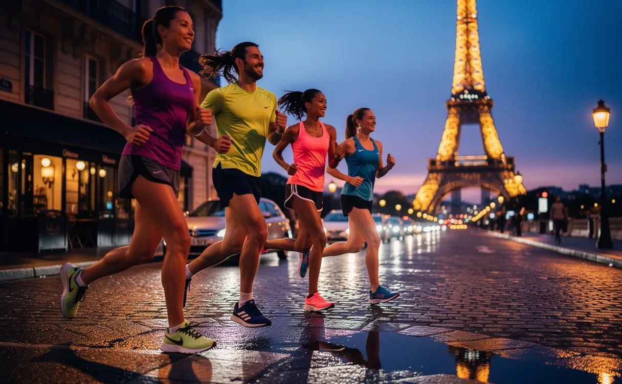 Des coureurs en tenue colorée joggent dans les rues éclairées de Paris au crépuscule, avec la tour Eiffel en arrière-plan et des reflets sur les trottoirs mouillés.