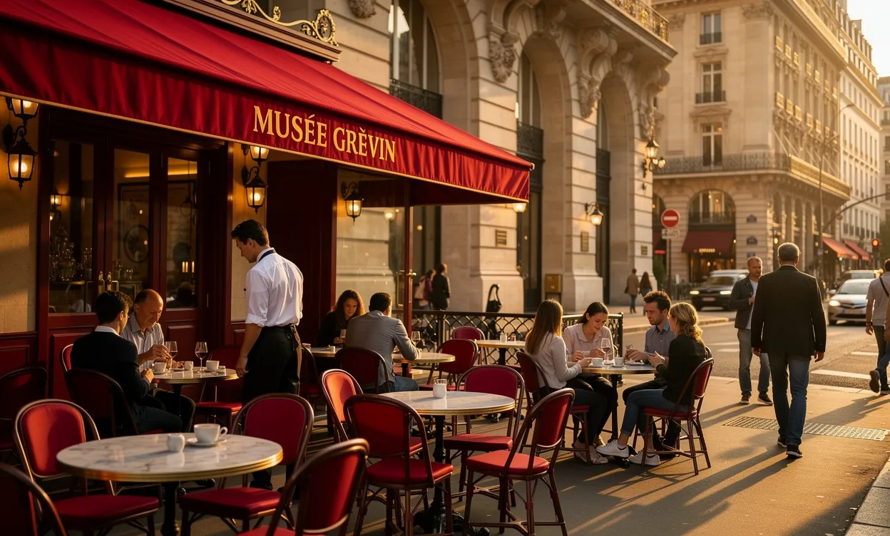 Terrasse d’un bistrot parisien avec auvents rouges et petites tables rondes, faisant face à la façade du musée Grévin au crépuscule sur les Grands Boulevards.