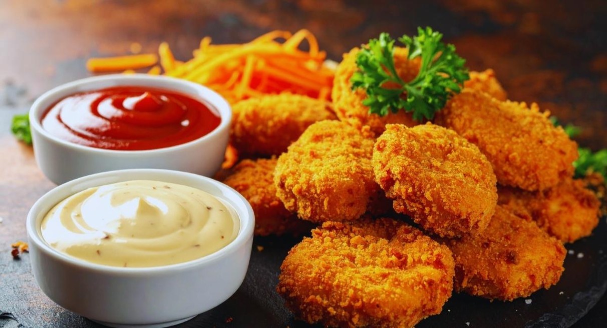 Nuggets de poulet panes croustillants servis avec du ketchup et une sauce blanche