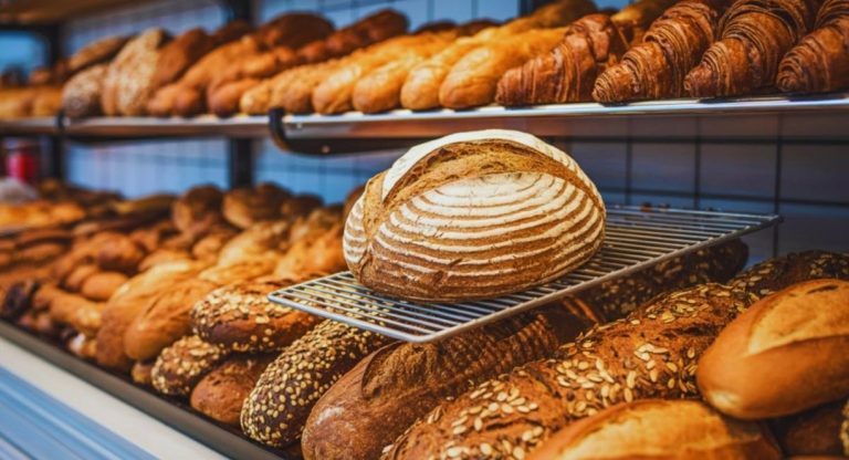 Etageres de boulangerie garnies de miches de pain au levain et de pains aux graines