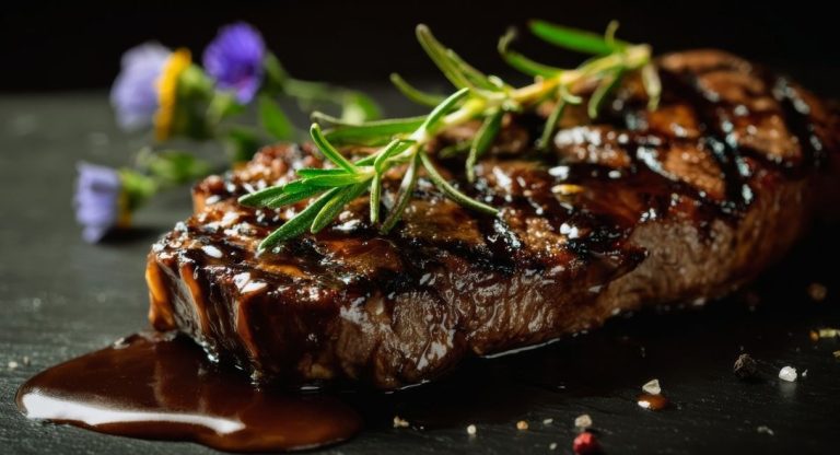Piece de boeuf grillee avec marques de gril nappee de sauce brune et brin de romarin