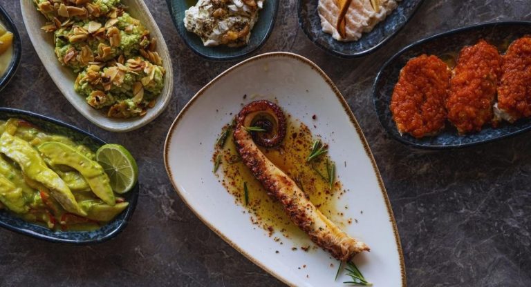 Table vue de dessus avec poulpe grille et plusieurs mezze colores dans des plats